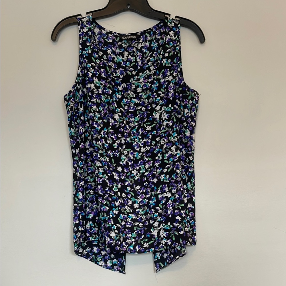 Express Women's Floral Sleeveless Splitback Top - Black and Blue